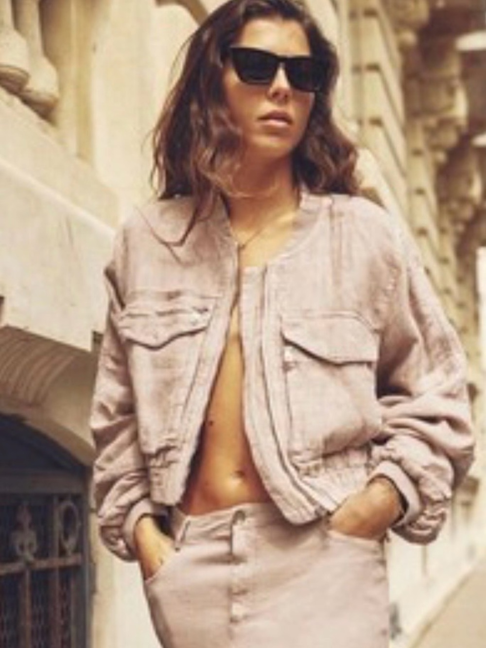 NEW WITH TAGS Zara Greta 100% Linen Cropped Bomber Jacket in Blush, Sz M